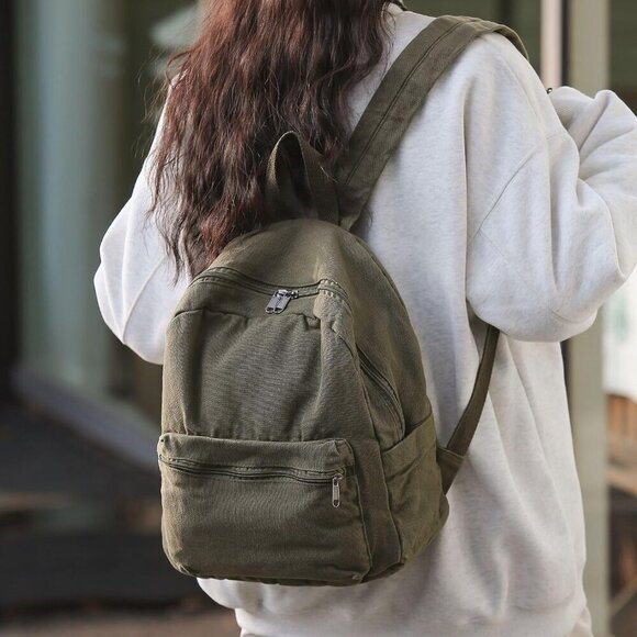 Mini Canvas Backpack for Women Small Travel Purse Vintage Green - Picture 2 of 6